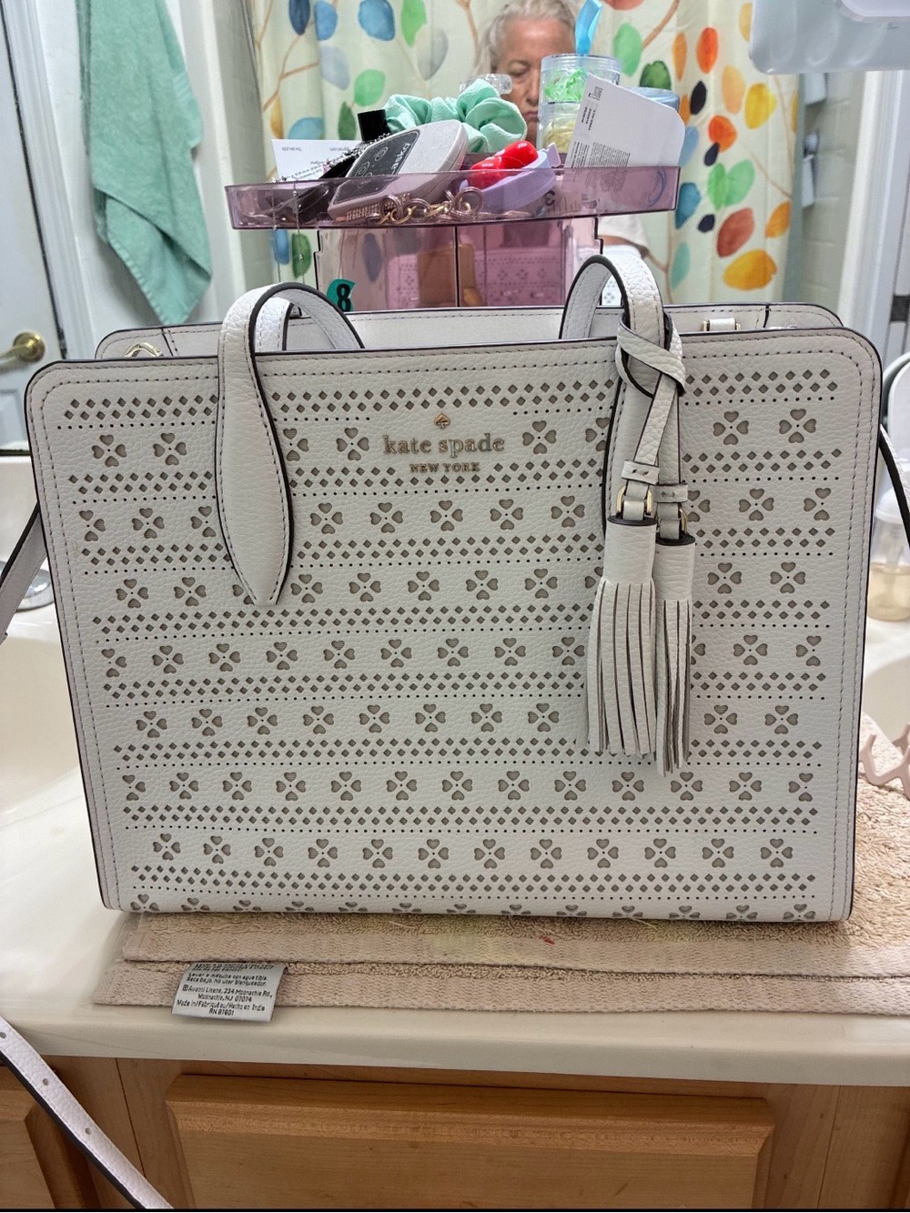 kate spade White Perforated Leather Tote with Tassel